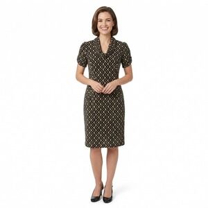 Evan Picone‎ Womens 12 Black Gold Zig Zag Sheath Dress Cowl Neck Midi Cocktail